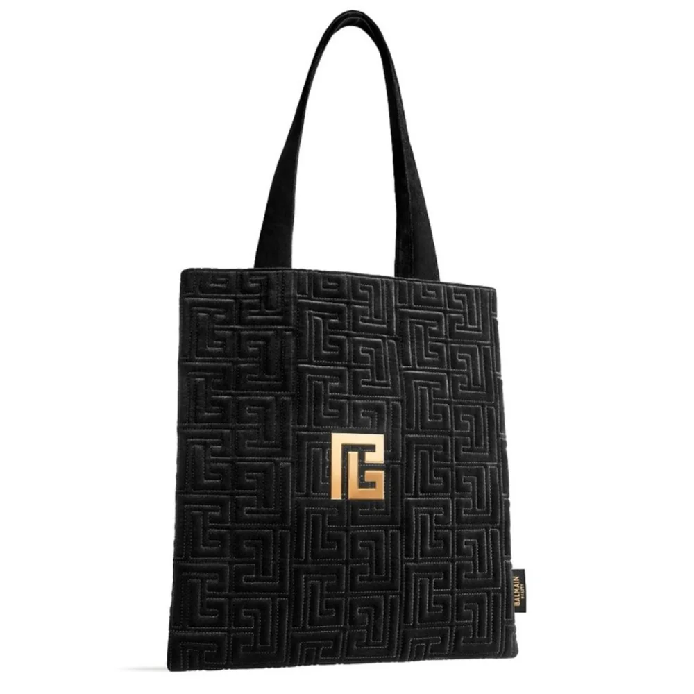Balmain Large Black Velvet Quilted Tote Bag Gold Logo